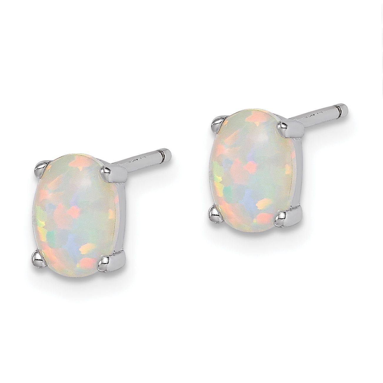 Sterling Silver Rhod-plate Oval Created Opal Earrings