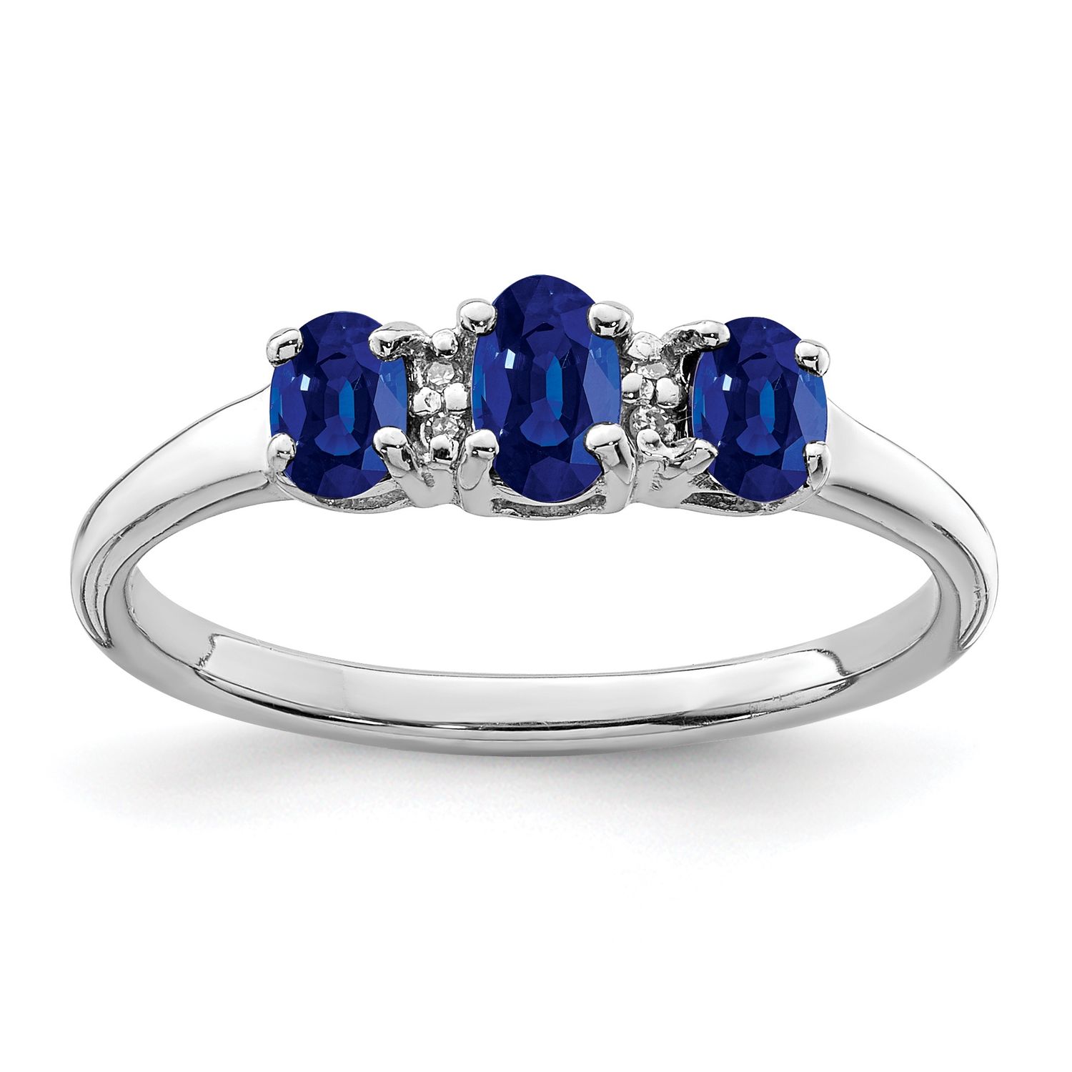 Sterling Silver Rhodium 3 Oval Sapphire &amp; Diamond Ring 7.00