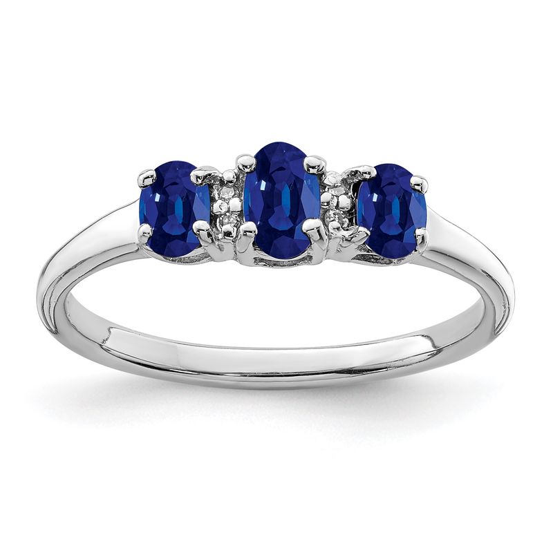 Sterling Silver Rhodium 3 Oval Sapphire &amp; Diamond Ring 7.00