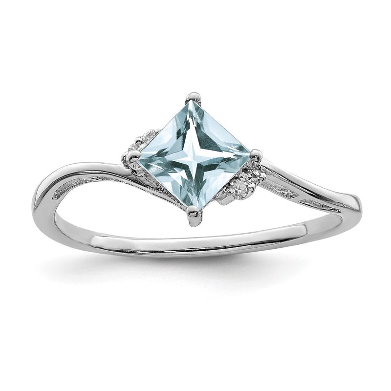 Sterling Silver Rhodium Plated Diamond &amp; Aquamarine Square Ring 7.00
