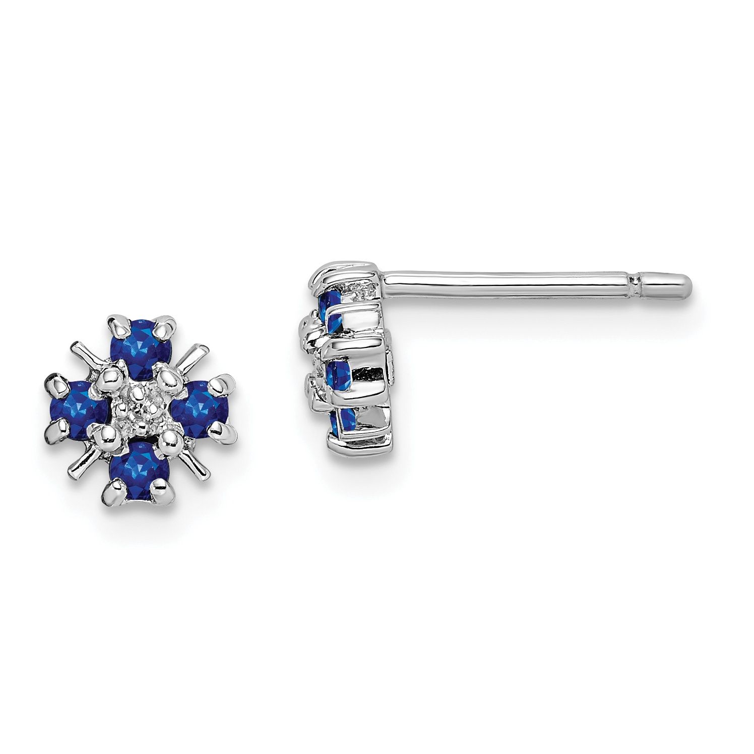 Sterling Silver Rhodium Sapphire &amp; Diamond Post Earrings