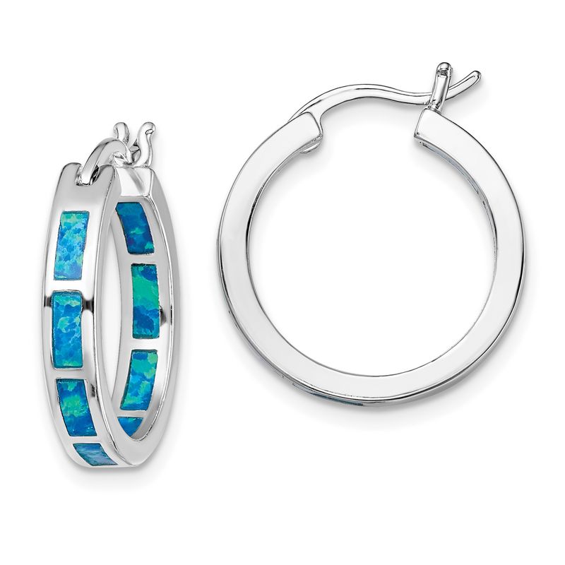 Sterling Silver Rhodium-plated Blue Created Opal In/Out Round Hoop Earrings