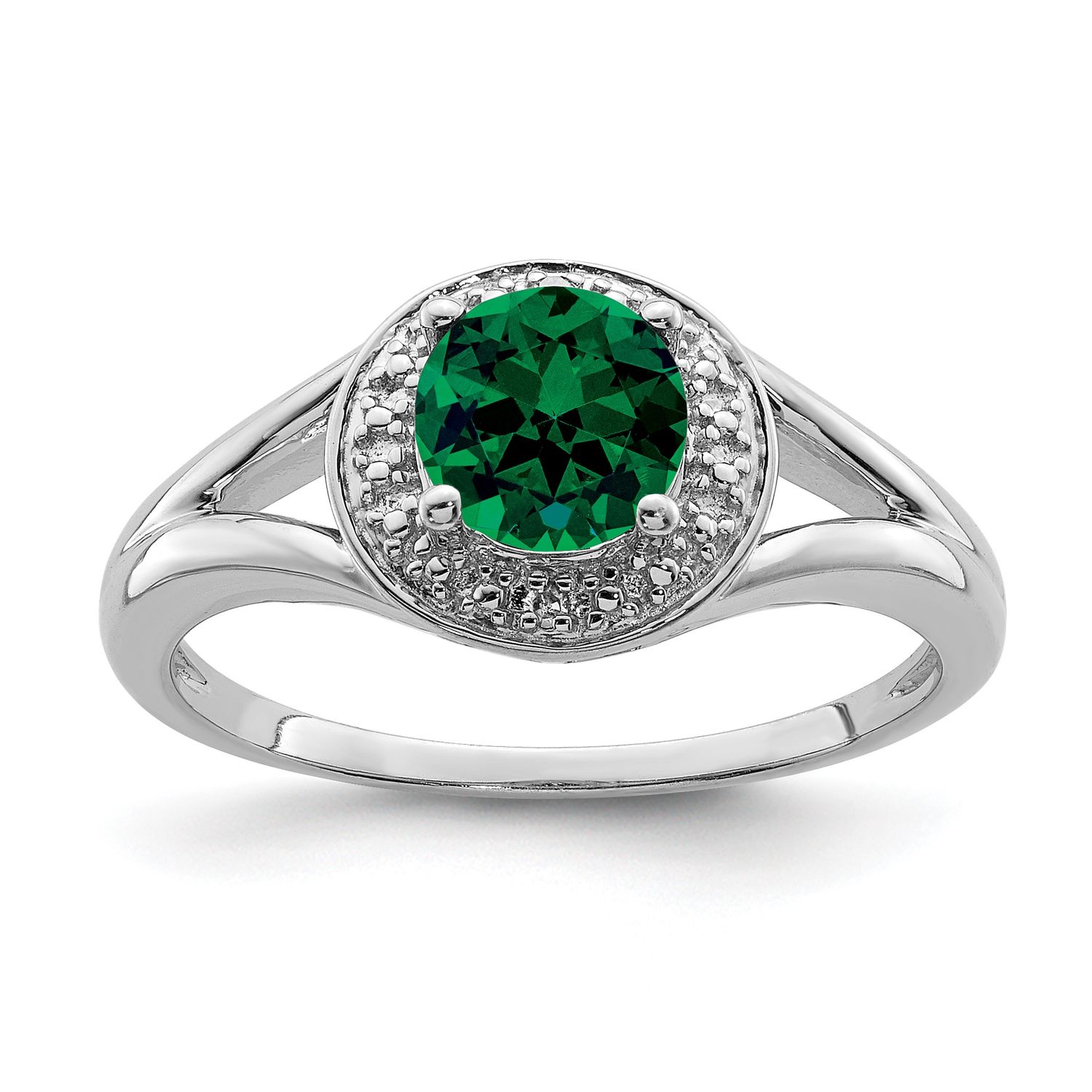 Sterling Silver Rhodium-plated Diam. &amp; Created Emerald Ring 7.00