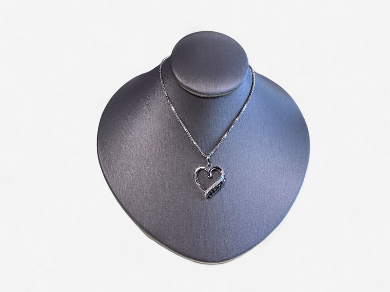 White Night Sterling Silver Rhodium-plated Black and White Diamond Heart Necklace with 2 Inch Extender _Copy