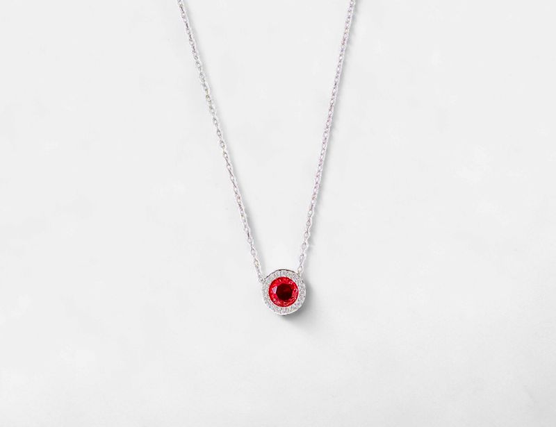 Sterling Silver Rhodium-plated Lab Created Ruby and White CZ Round Halo 18 Inch Necklace