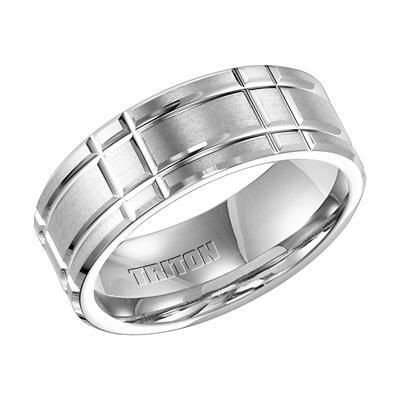 White Tungsten Carbide Comfort Fit Band with textural engraving