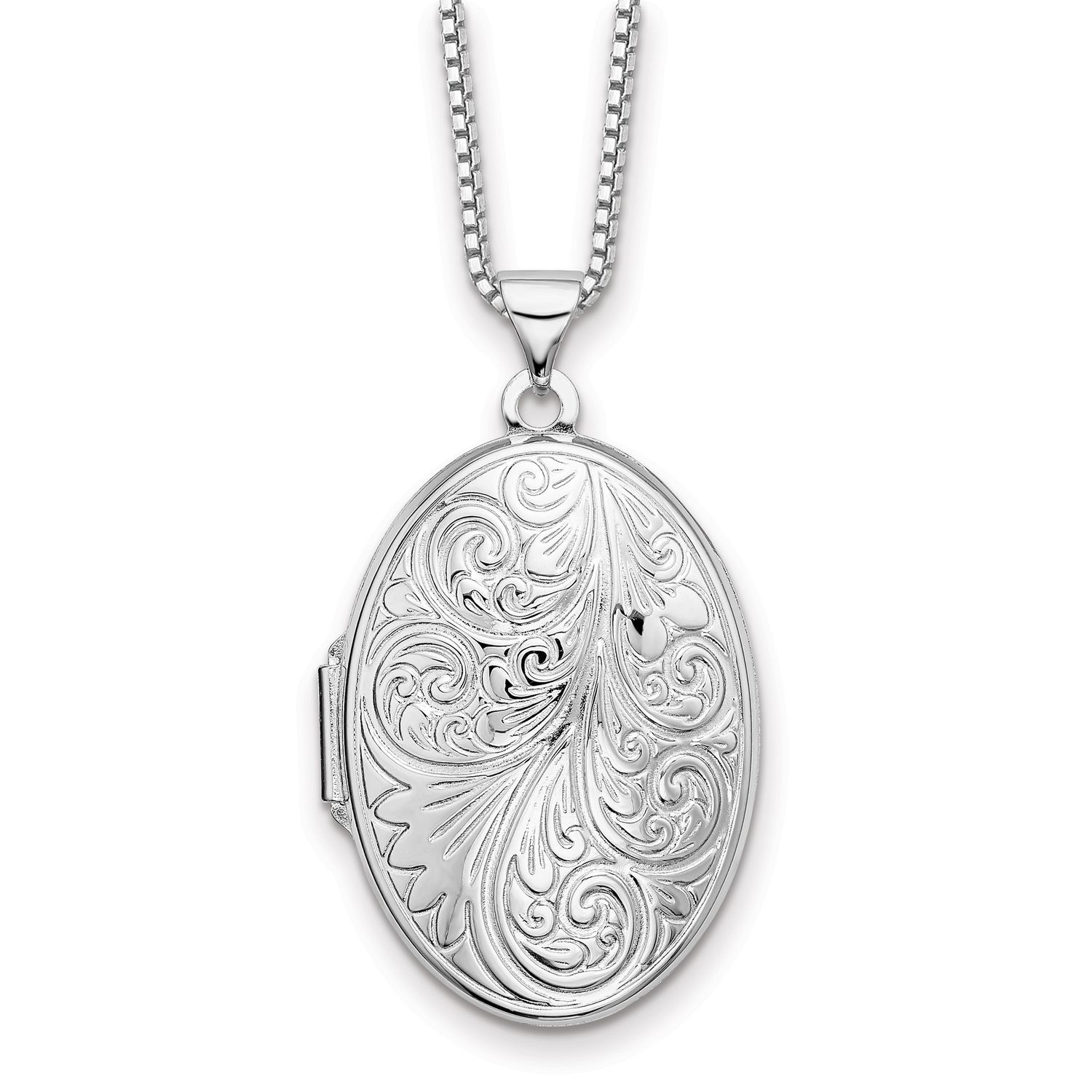 Sterling Silver Rhodium-plated Scroll Oval Locket Necklace