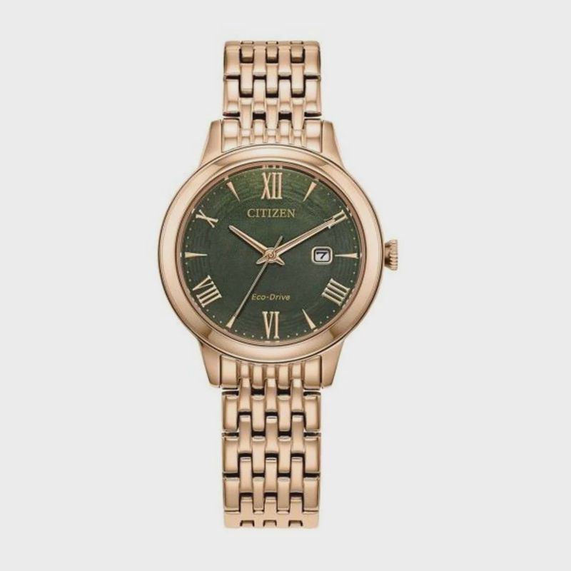Citizen Stainless Steel Ladies Rose Tone 34mm Green Dial Eco Drive Watch