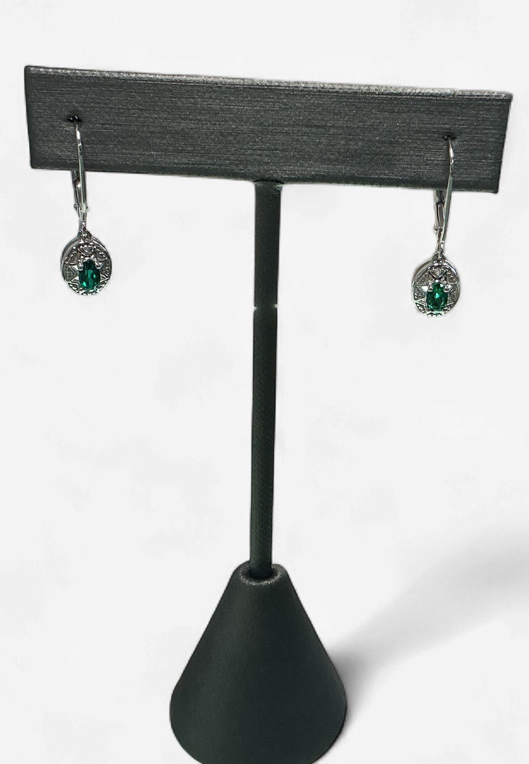 Sterling Silver Rhodium-plated Diamond/Lab Created Emerald Earrings