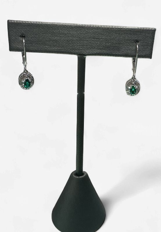 Sterling Silver Rhodium-plated Diamond/Lab Created Emerald Earrings
