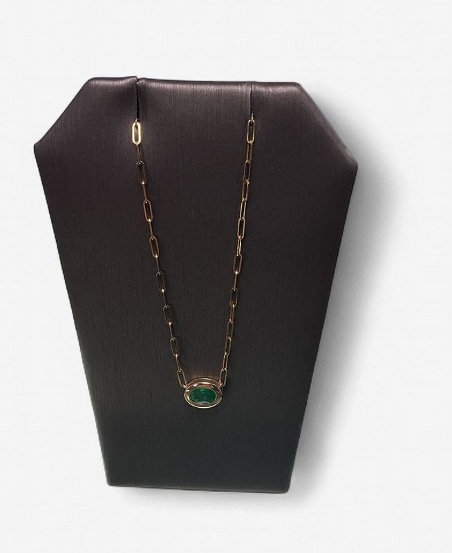 14k Yellow Gold Oval Emerald Paper Clip Necklace