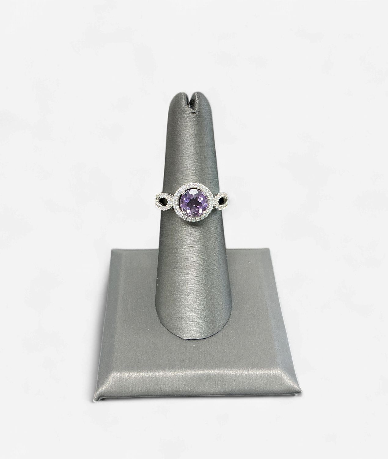 Sterling Silver Round Shaped Amethyst Ring with CZ Accents