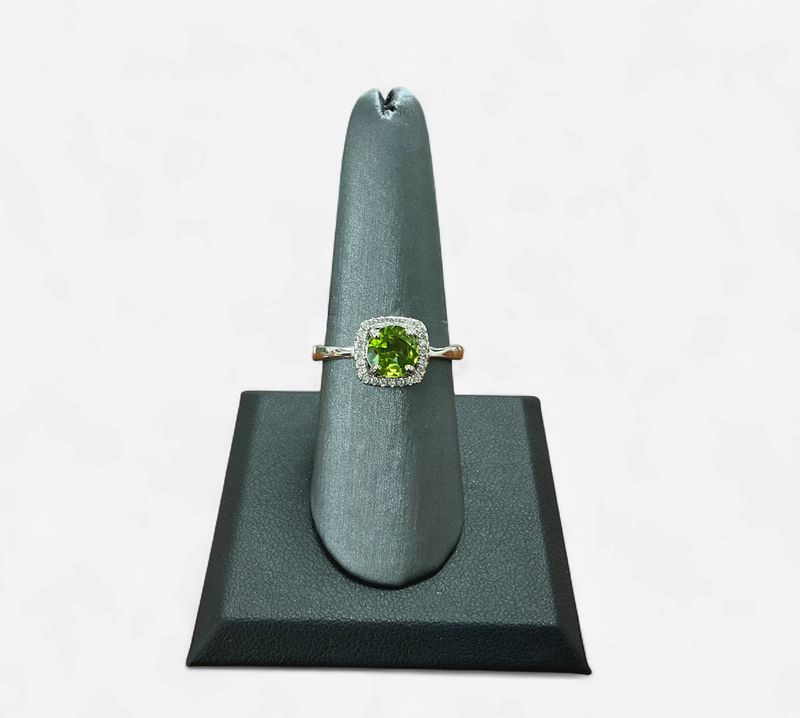 Sterling Sliver Peridot Round with Diamond CZ Halo Fashion Ring
