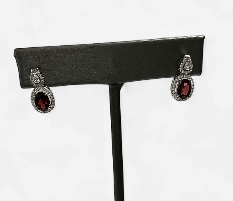 Sterling Sliver Oval Garnet Earrings W/ CZ Accents