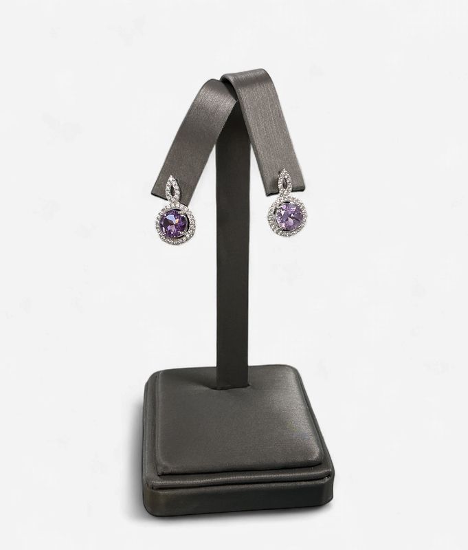 Sterling Silver Round Amethyst Earrings with CZ Accents