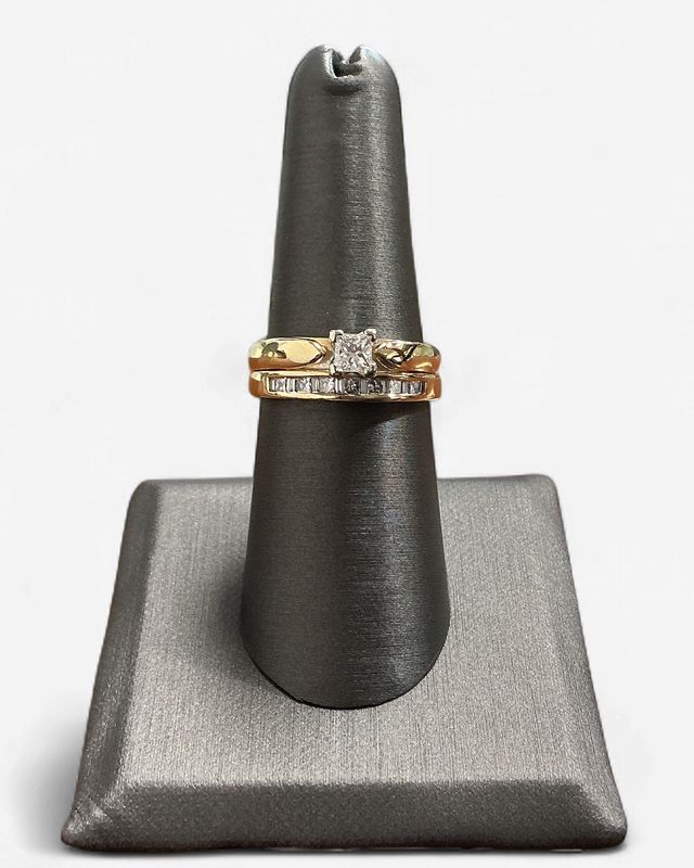 Pre- Loved 14k Yellow Gold Bridal Set Soldered Together, 1/3 ct Natural Diamond Princess Solitaire Ring w/ 14 ct Diamond band- Size 7