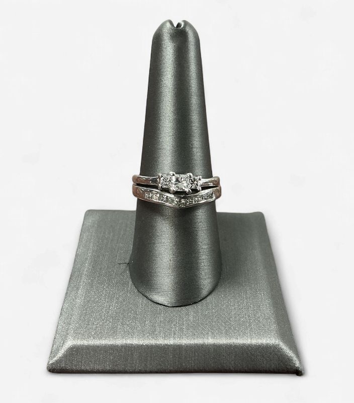 Pre-Loved 14k White Gold 1/2 ct Princess Cut Diamond 3 Stone Ring soldered to a 14k White Gold 3/8 Princess Diamond Band- Size 8.5
