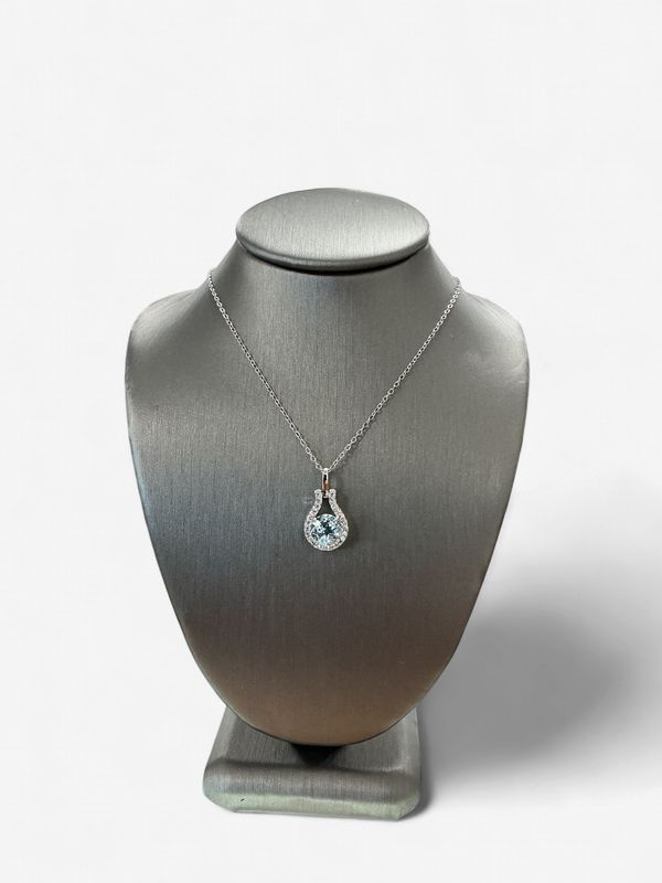 Round Aquamarine Stone Necklace with CZ Accents Set in Sterling Silverin