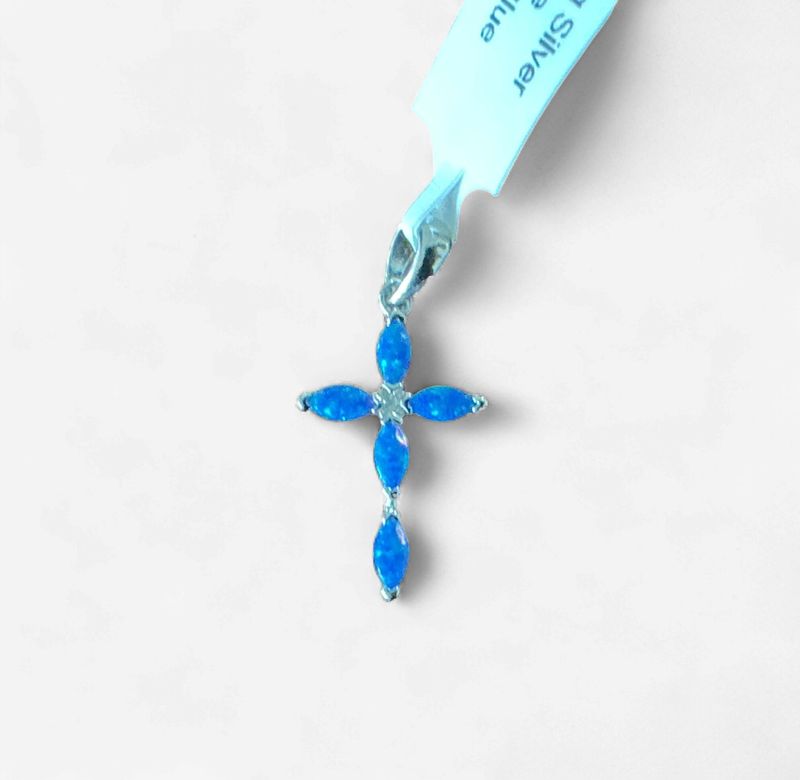 Sterling Silver Marquise Shaped Blue Opal Cross Pendant