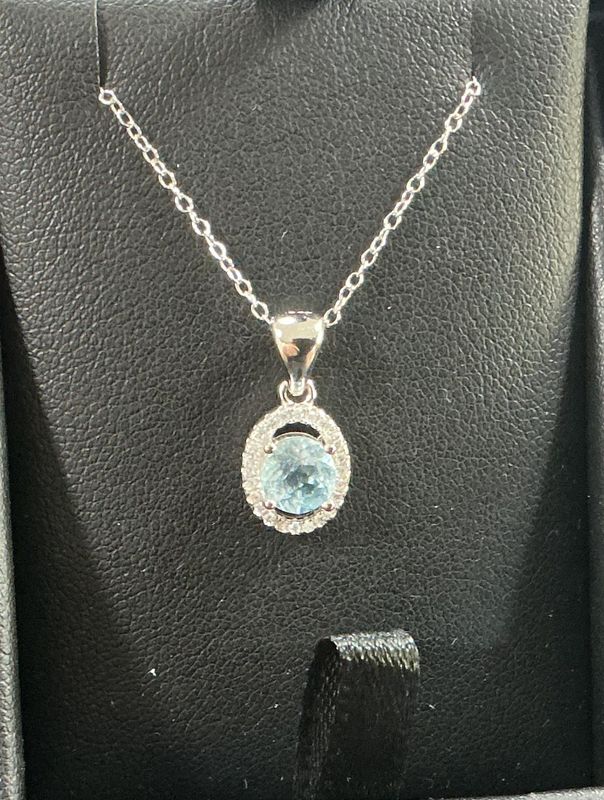 Round Aquamarine Necklace with CZ Accents set in Sterling Silver
