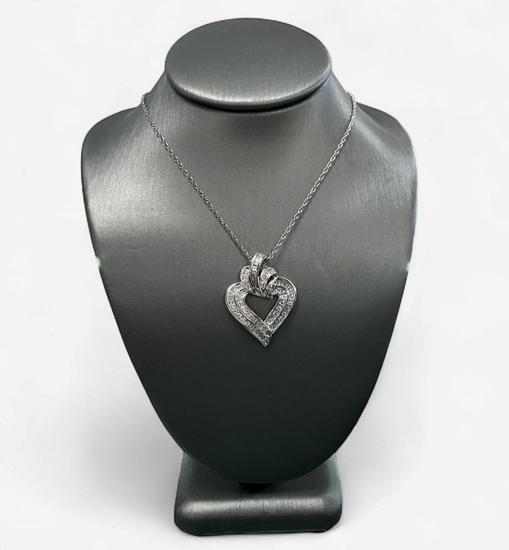 14k White Gold Round and Baguette Diamond Heart Necklace
