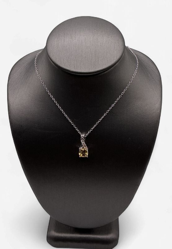 Sterling Silver Cushion Citrine Necklace w/ CZ Side Stones