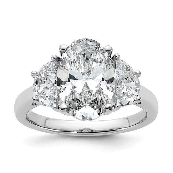 14k White Gold 4 carat Certified Lab Grown Diamond Oval and Half Moon Three Stone Engagement Ring