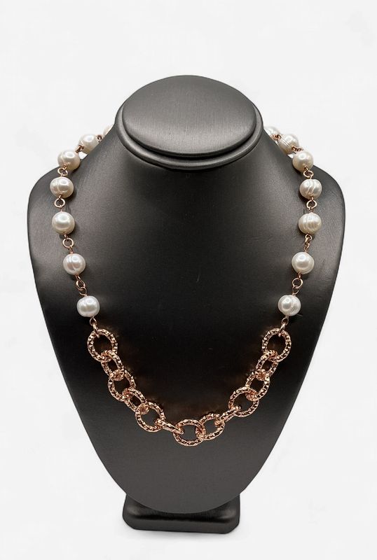 36 inch Rose Gold Toned Sterling Silver and Pearl Necklace