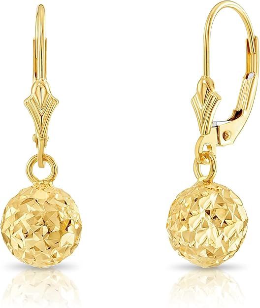 14k Yellow Gold Diamond-Cut Textured Sphere Leverback Drop Earrings