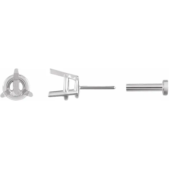 14K White Gold 4.5 mm Round 3-Prong Press Fit Back Stud Earring Mounting