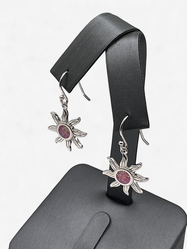 Sterling Silver Sunflower French Wire Earrings w/ Pink Colored Center