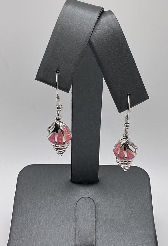 Sterling Silver French Wire Sea Shell Earrings w/ Pink Accents