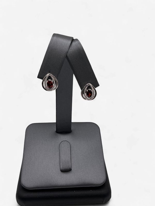 Sterling Silver Oval Garnet Earrings w/ CZ Accents