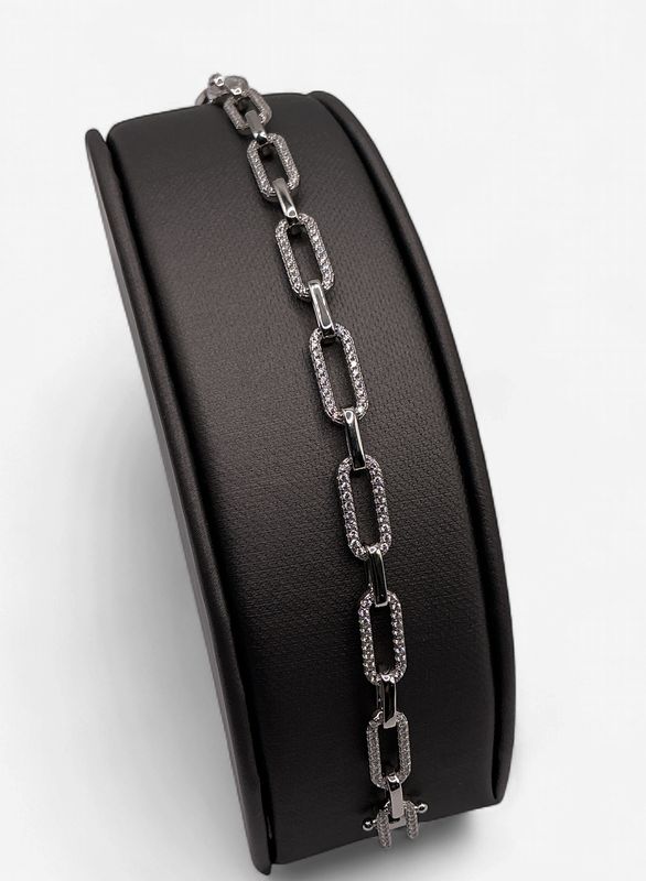 Sterling Silver 7 in Paper Clip Bracelet w/ CZ Accents