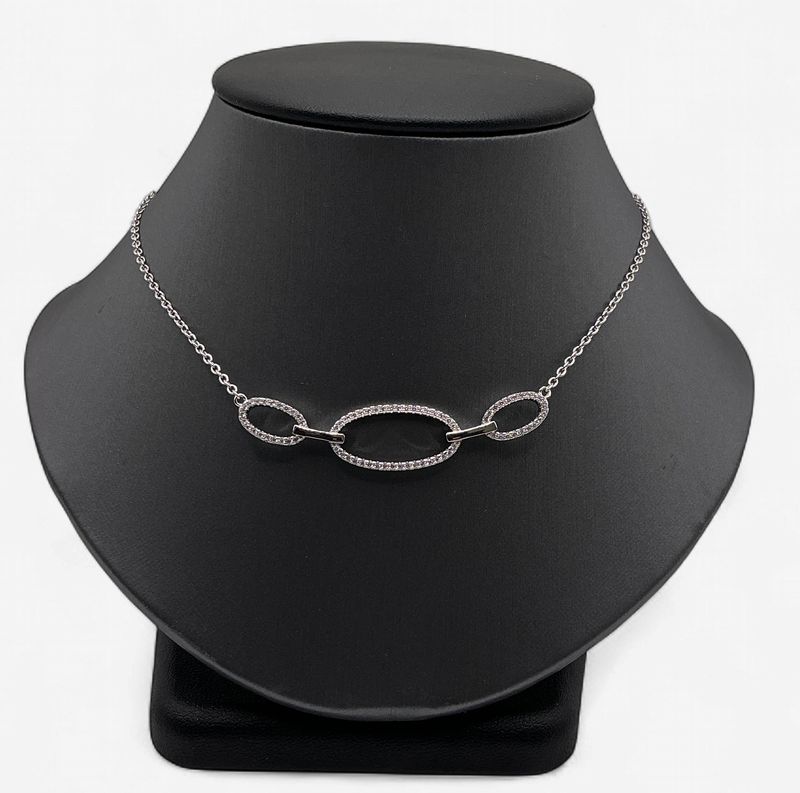 Sterling Silver CZ Accented Oval Design Necklace 16 in + 2 Inch Extension