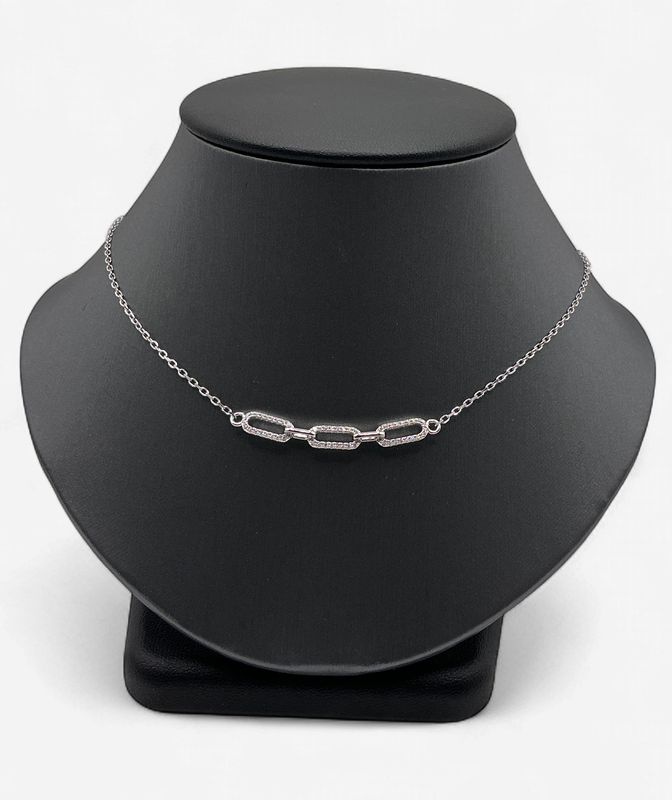 Sterling Silver Paper Clip Necklace w/ CZ Accents 18 in + 2 Inch Extension