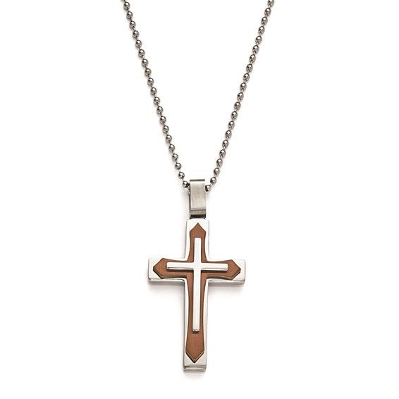 stainless steal with rose tone accent cross with 24" beaded chain