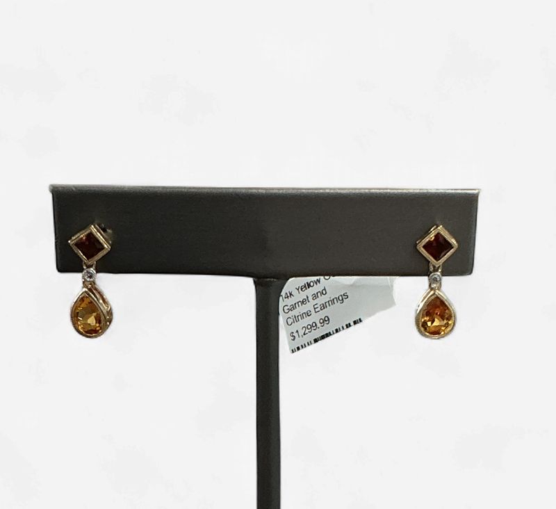 14k Yellow Gold Garnet and Citrine Earrings w/ Diamond Accent