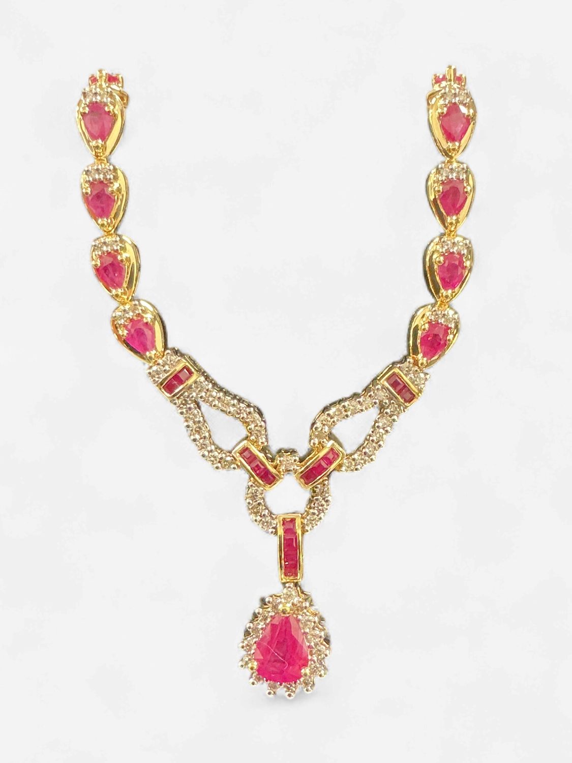 14k Yellow Gold Ruby and Diamond Cocktail Necklace w/ Dangle Pear Shaped Ruby