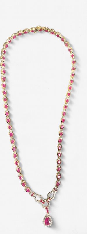 14k Yellow Gold Ruby and Diamond Cocktail Necklace w/ Dangle Pear Shaped Ruby
