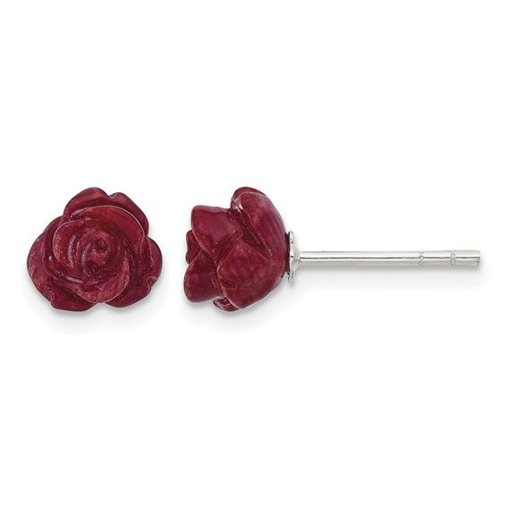 Sterling Silver Polished Red Coral Rose Post Earrings