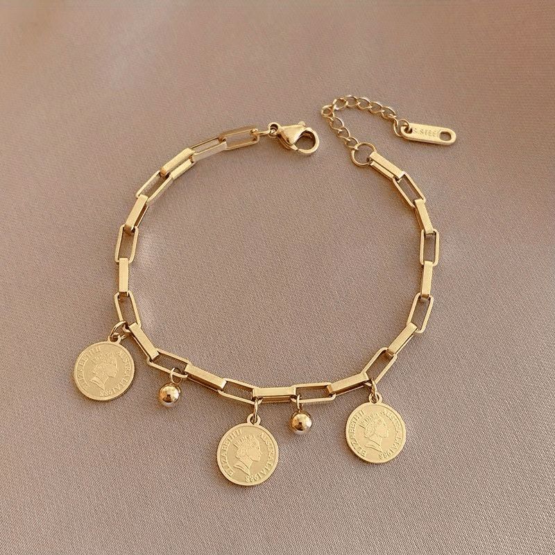Elegant Golden-Tone Stainless Steel Double Layer Bracelet with Charms