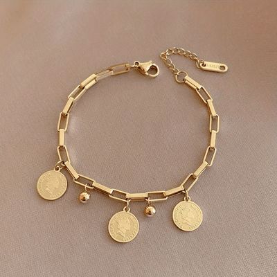 Elegant Golden-Tone Stainless Steel Double Layer Bracelet with Charms