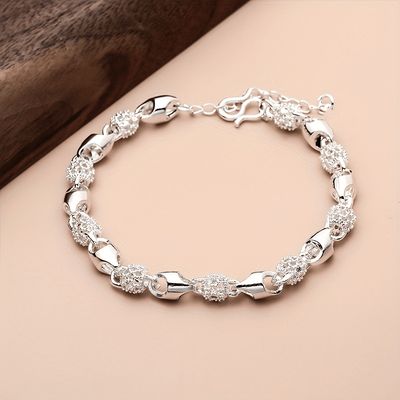 Silver Plated Luxury Oval Carved Hollow Bead Bracelet