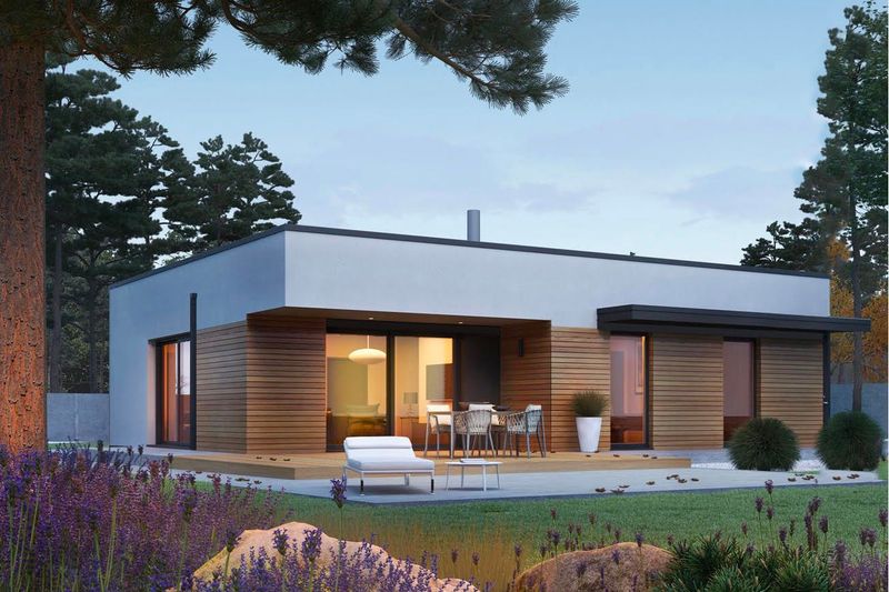Maison en bois kit en ossature bois "MINI 1 MODERN" 100 m² 3 chambres, plain-pied, toit plat / Auto-construction RE2020