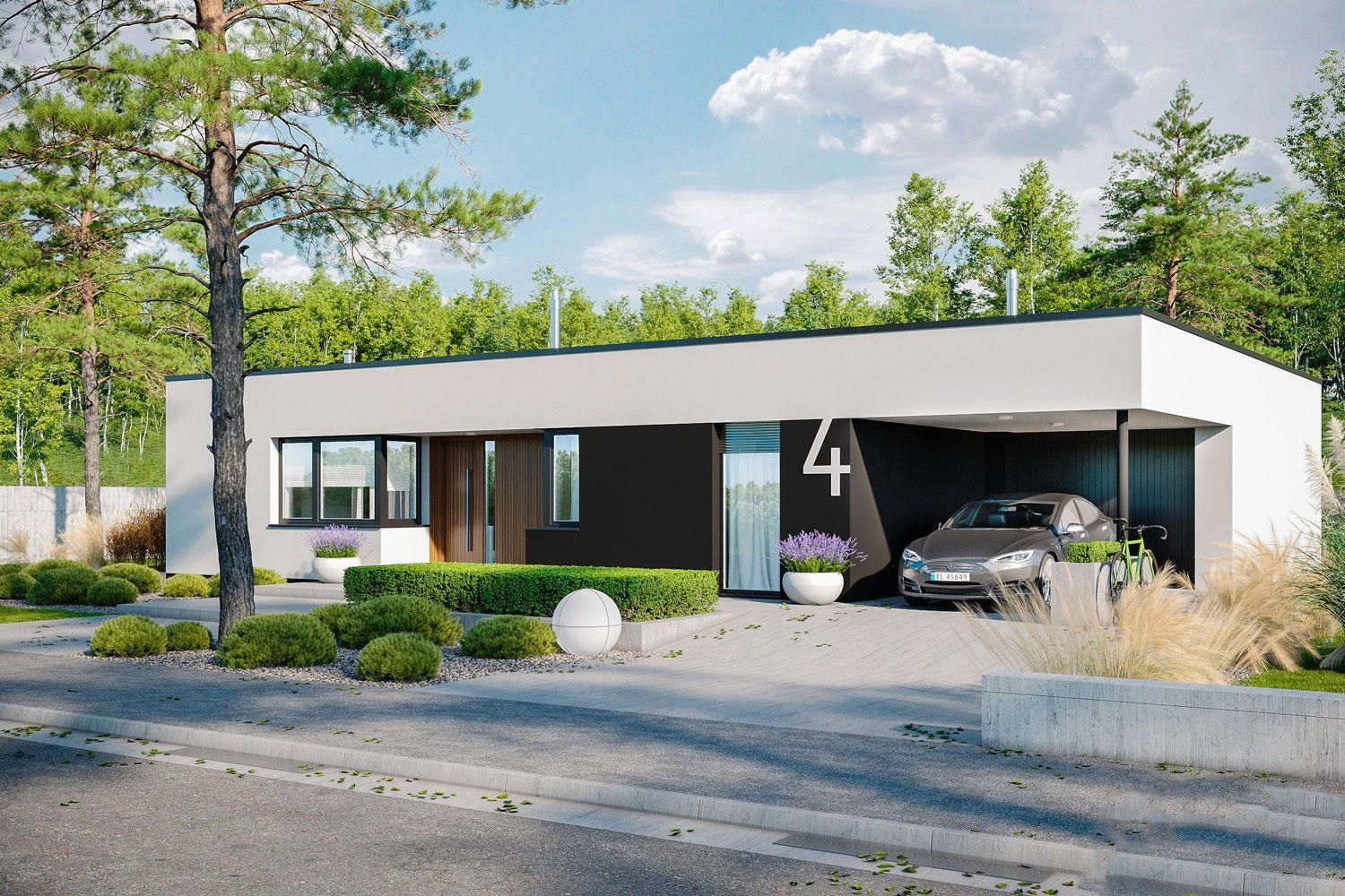 Maison ossature bois kit Maison ossature bois kit "MINI 4 MODERN G1" 125 m² + garage + auvent / Plain-pied, toit plat / Auto-construction