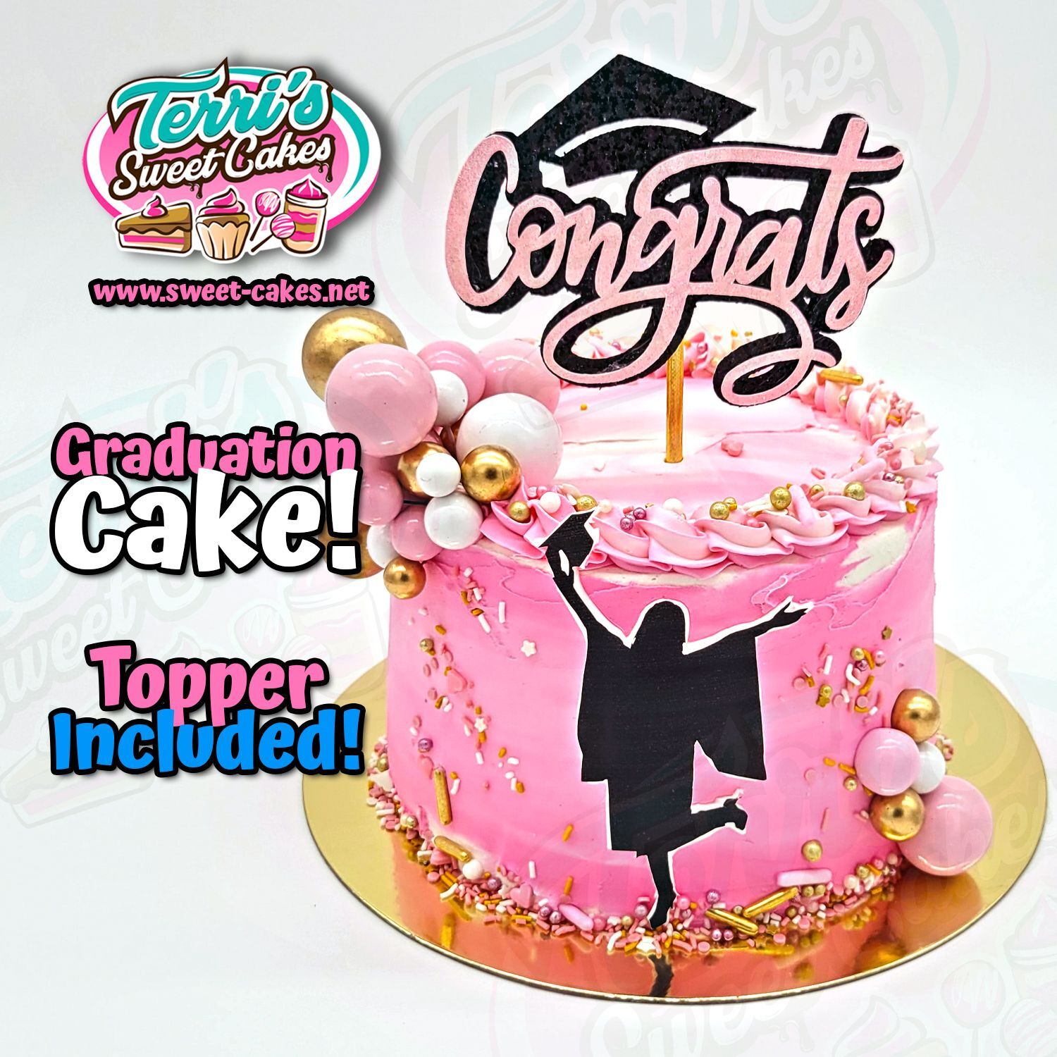 Pink graduation cake with Congrats topper for graduation cakes Edwardsville IL guidance
