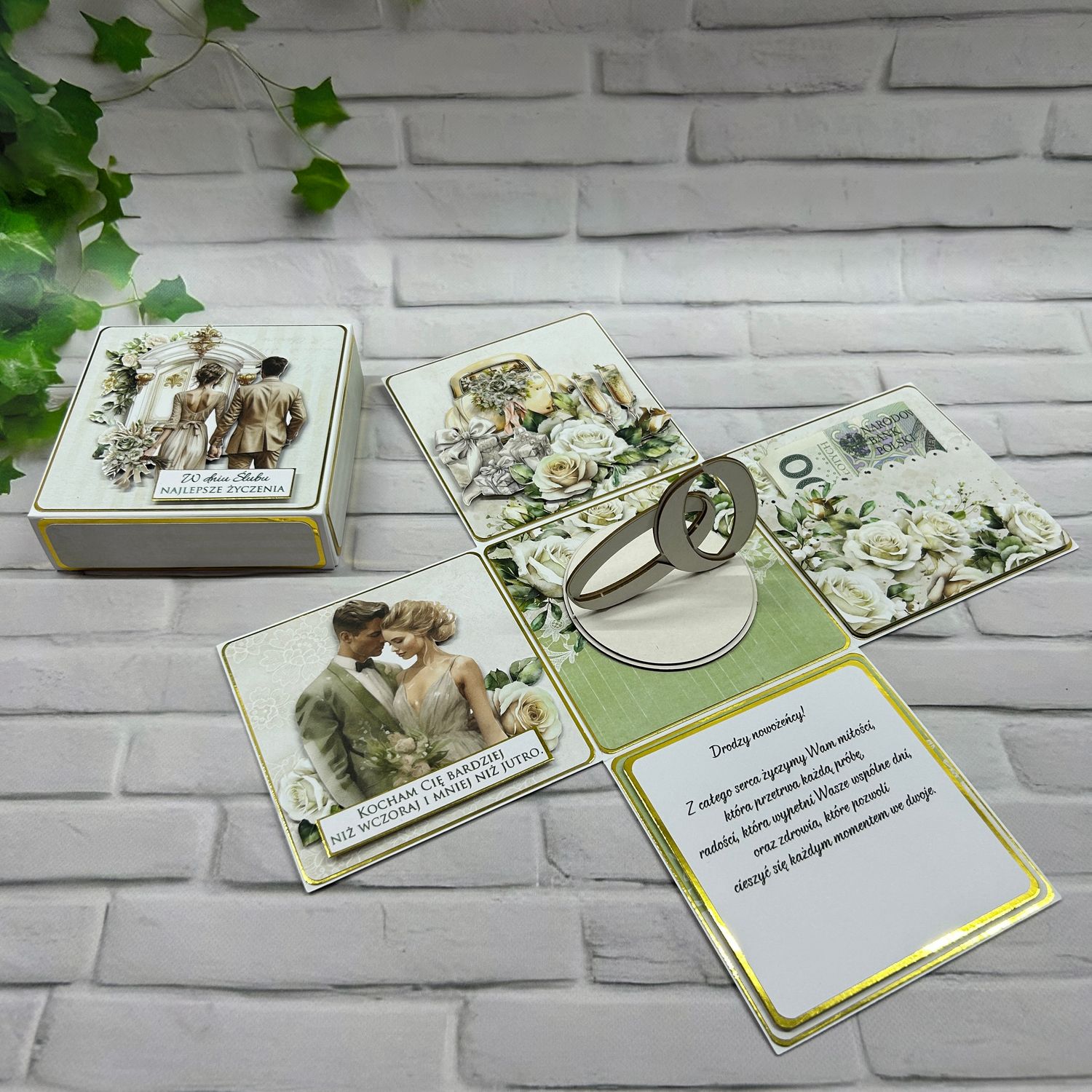 Exploding box ślubny – elegancka pamiątka ze złotem