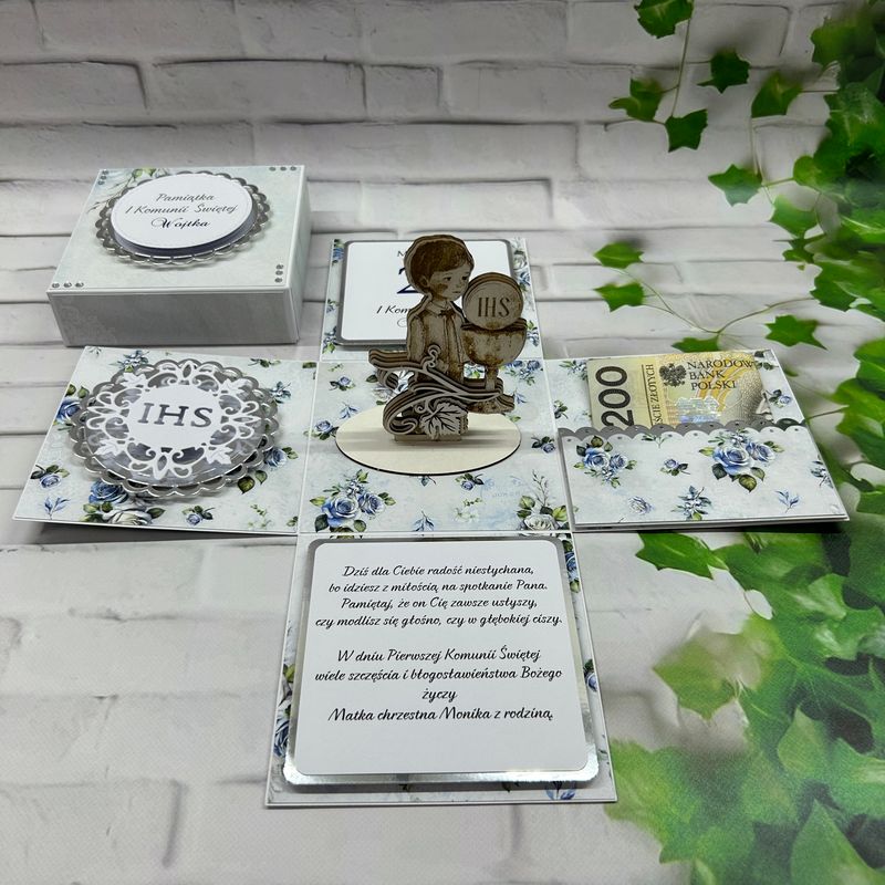 Exploding box komunijny z kielichem dla chłopca – personalizowana pamiątka