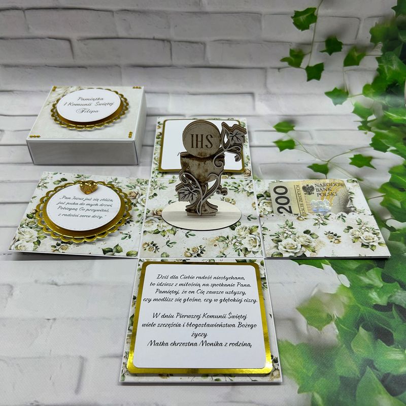 Exploding box komunijny z kielichem – personalizowana pamiątka